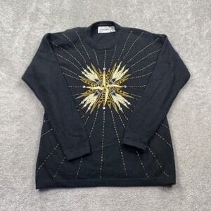 Cedars Embellished Sequins Crew Neck Wool Knitted Sweater Women's Size M Black